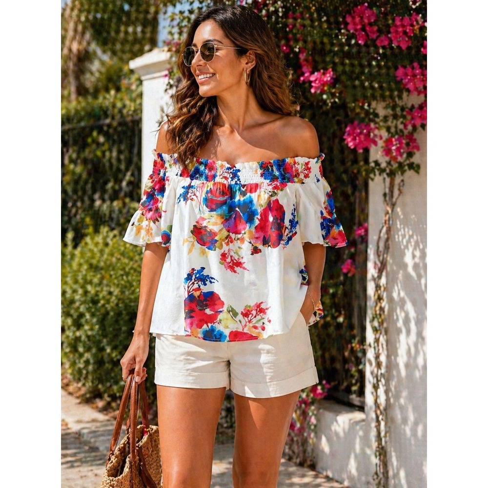 Unbranded Off Shoulder Top Womens XL White Floral NWOT Tie Back Boho Blouse